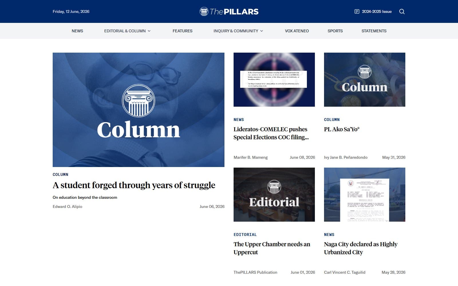 ThePILLARS Publication front page, where HATOL 2025 election coverage ran, with news, columns, and editorials in a clean newsroom layout.