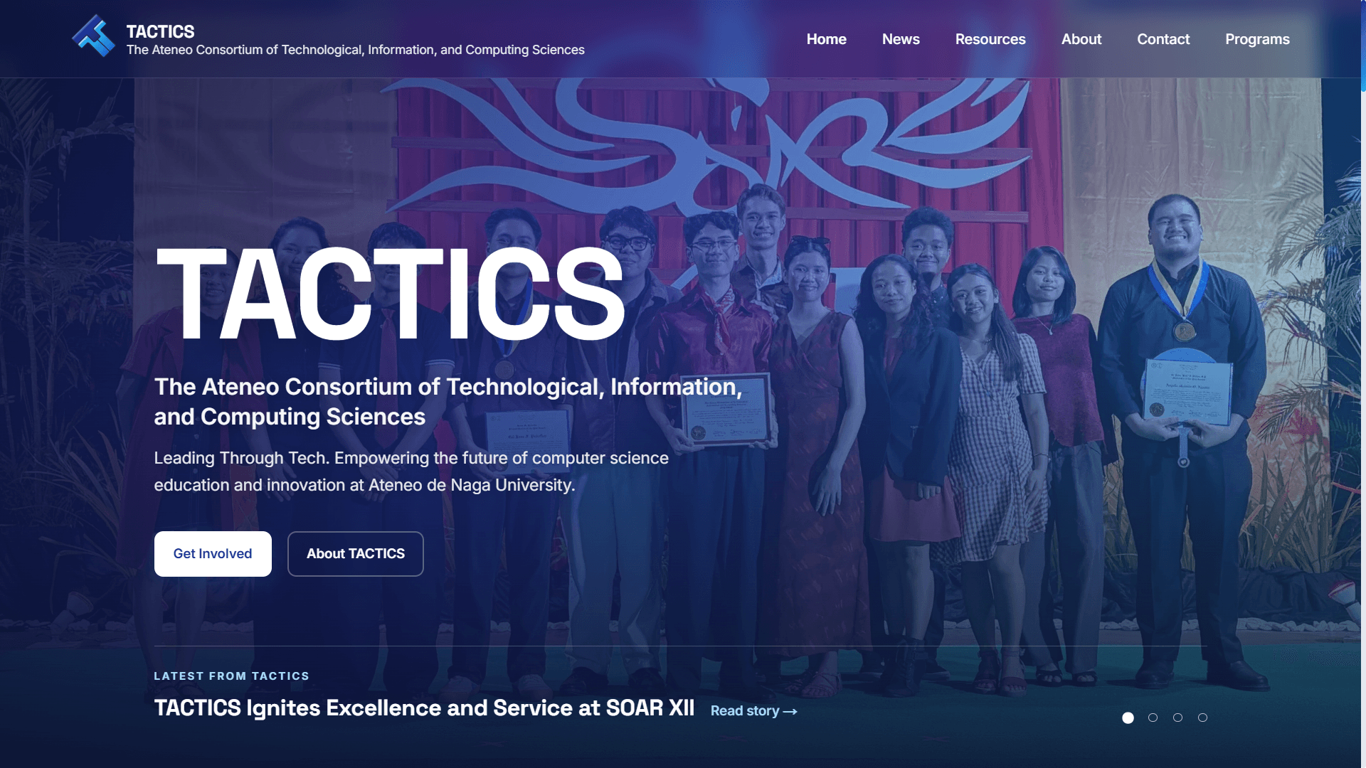 The AdNU TACTICS homepage: the org's phoenix crest over a student group photo, with Get Involved and About TACTICS calls to action.